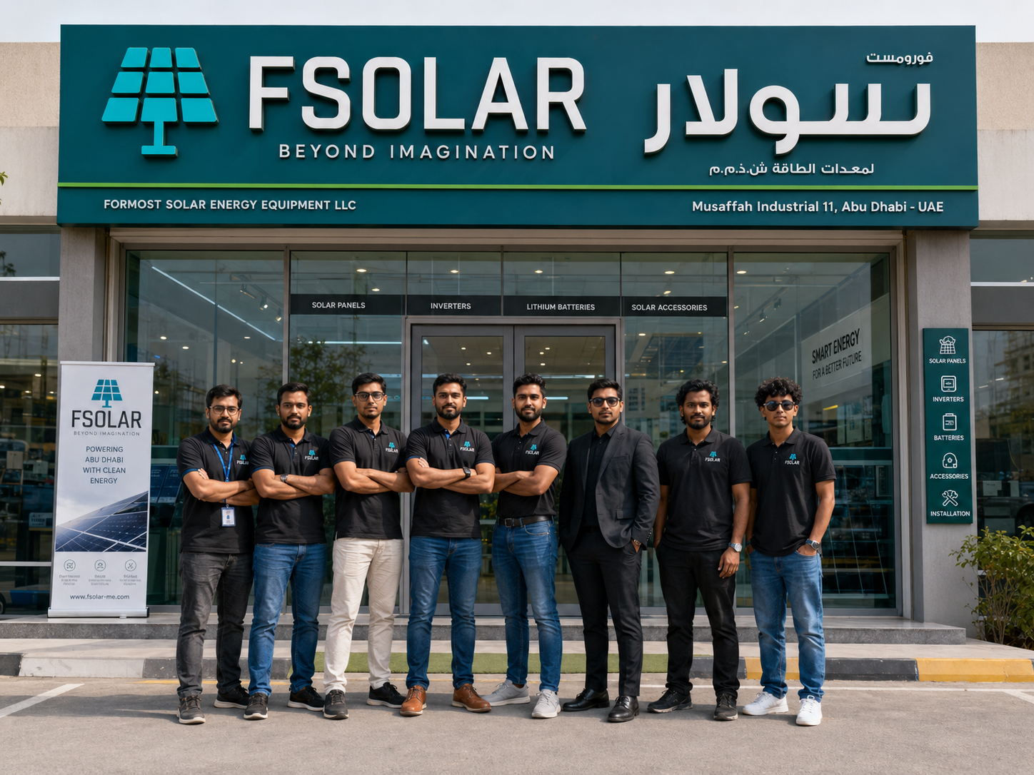 FSolar team outside Abu Dhabi showroom, Musaffah Industrial 11