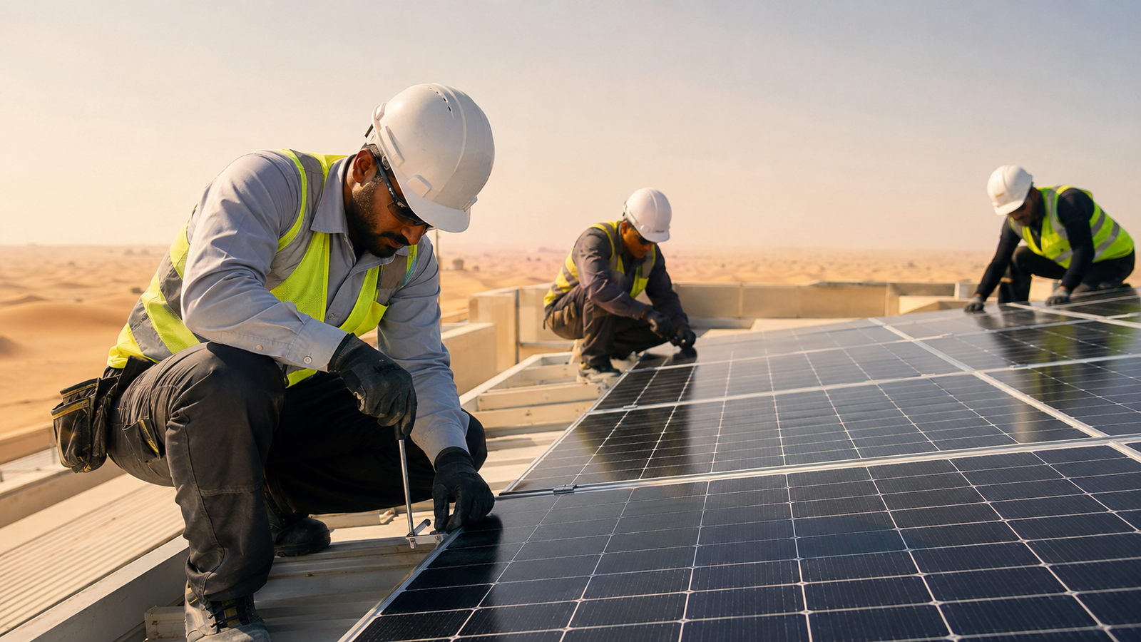FSolar engineers installing solar panels in UAE desert, 2008
